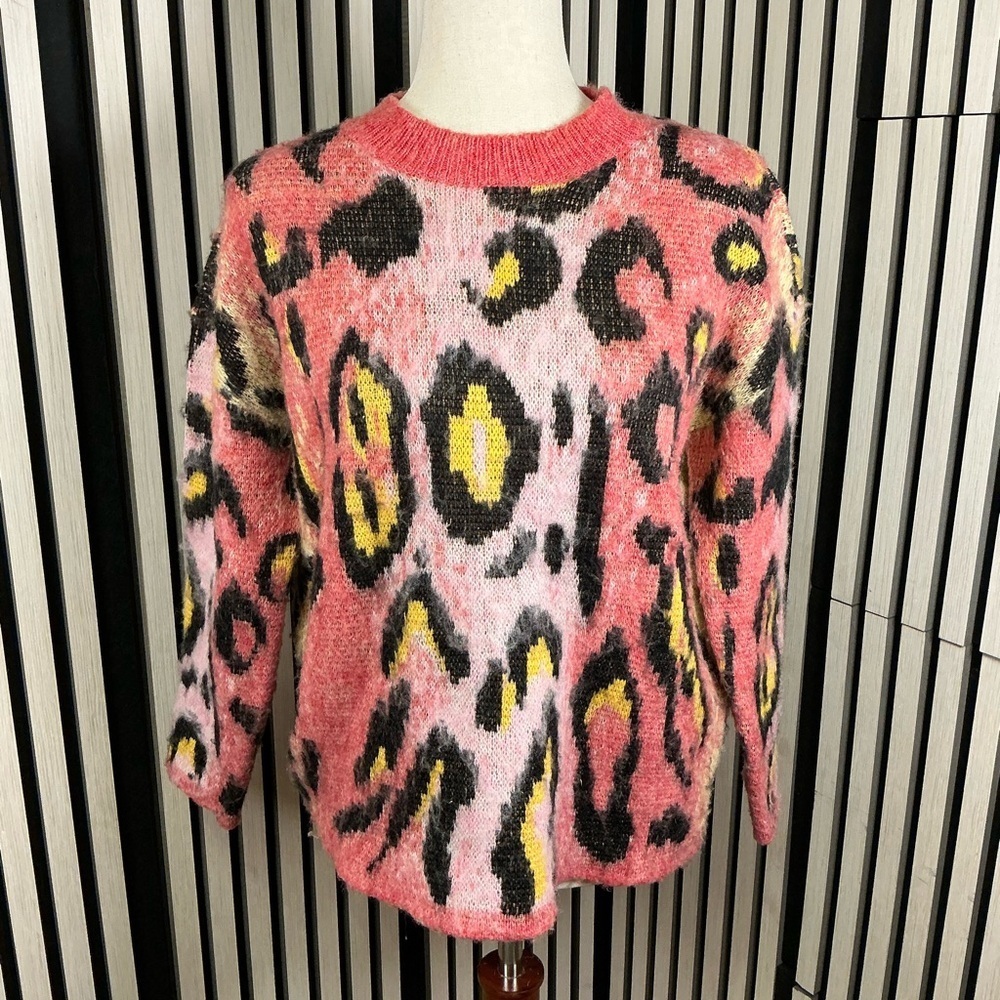 Aqua Pink and Yellow Patterned Women's Sweater, Sz XS